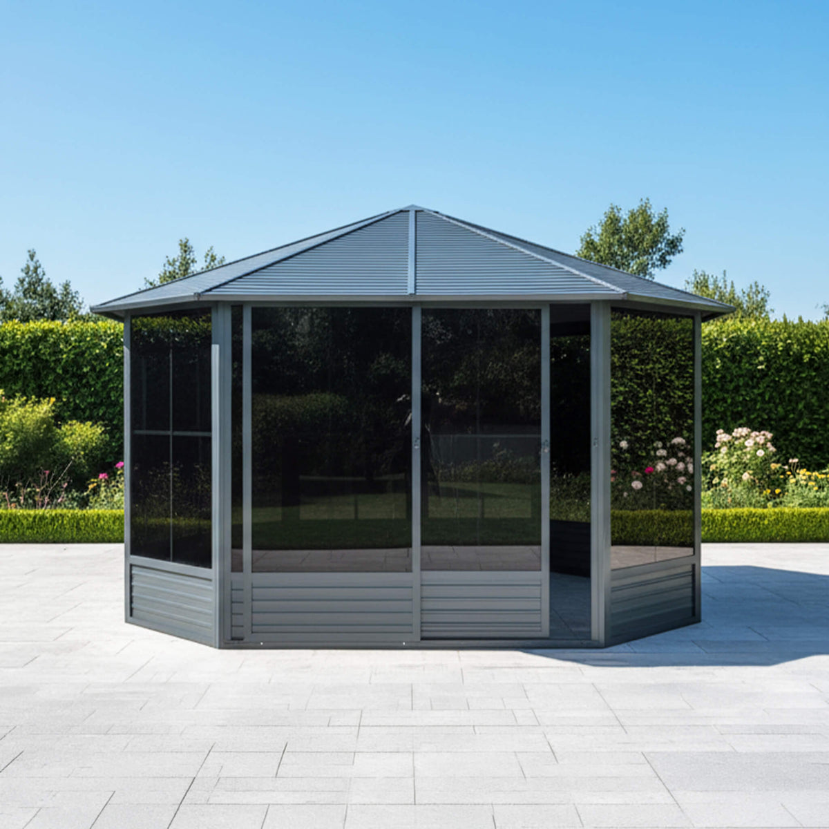 [12x12ft] Large Octagonal Sunroom Solarium With Lockable Sliding Doors And Galvanized Steel Sloping Roof