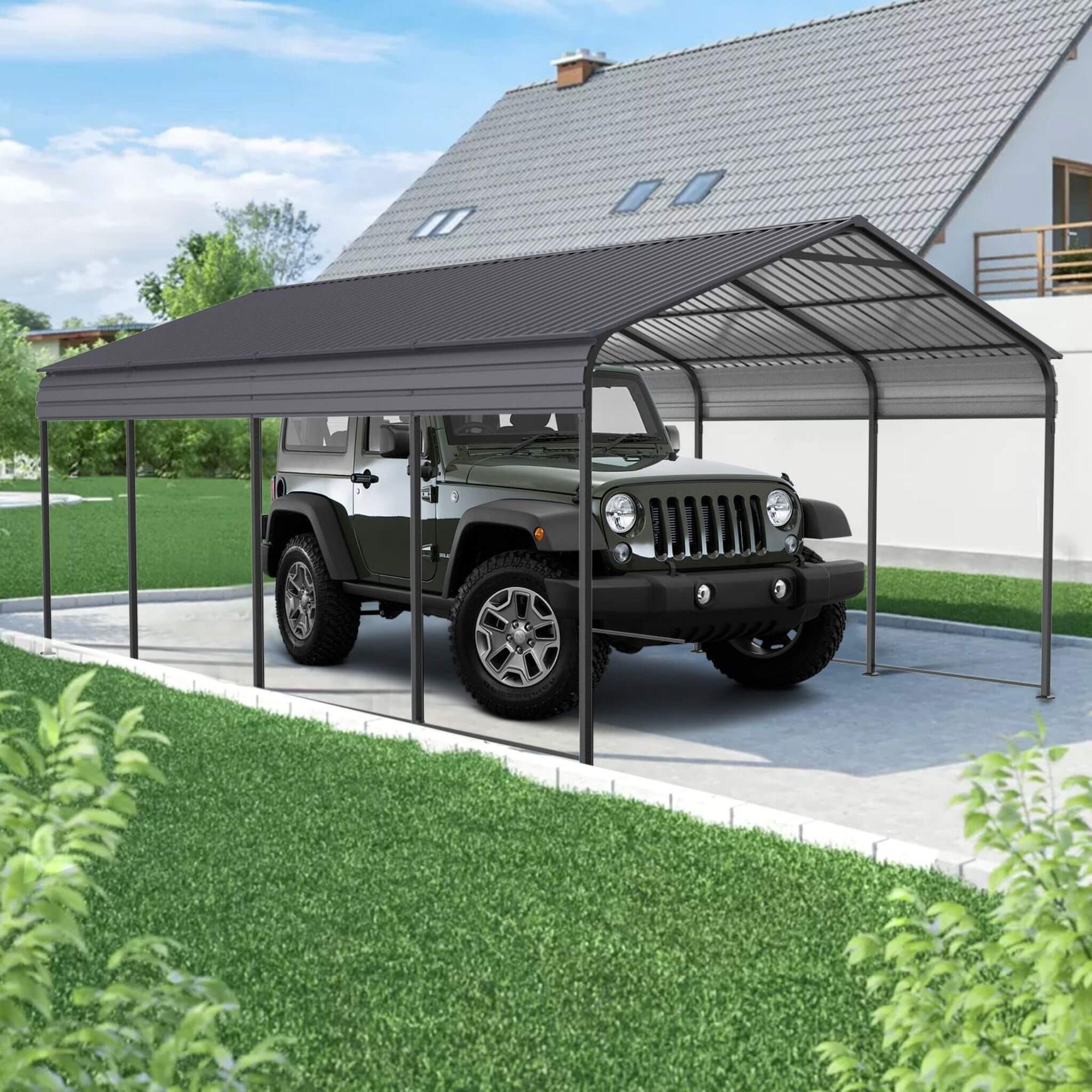 [12X20FT] Heavy-Duty Metal Carport With Galvanized Steel Roof For Car, Boats And Trucks, Gray