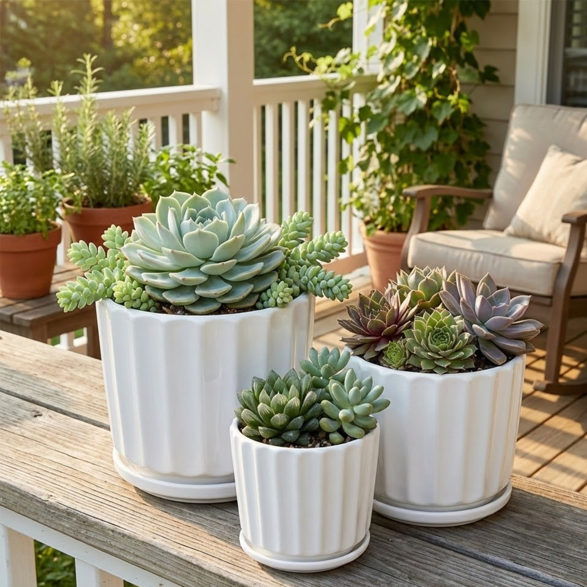 white flower pots ceramic 3-Piece White Ceramic Planter Pot Set with Fluted Design & Saucers – The Plant Seed
