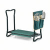 Folding sturdy garden kneeling pad and cushion seat with a durable metal frame, thick green foam cushion, and detachable tool pouch featuring multiple pockets for gardening tools. Designed to function as both a comfortable kneeler and a garden seat for planting, weeding, and yard work.