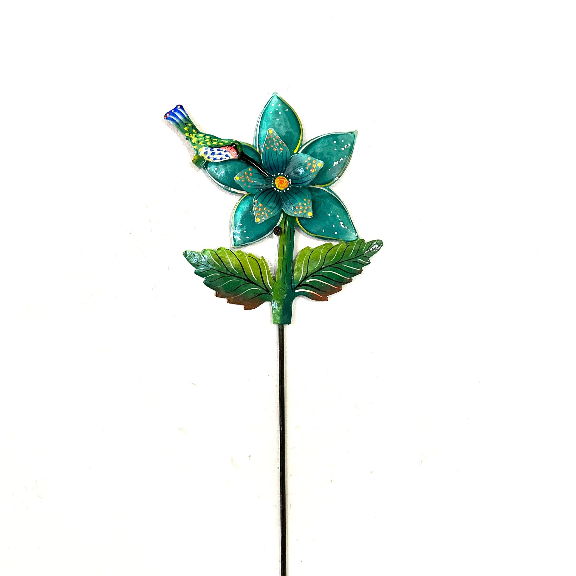Turquoise Flower with Hummingbird Garden Stake