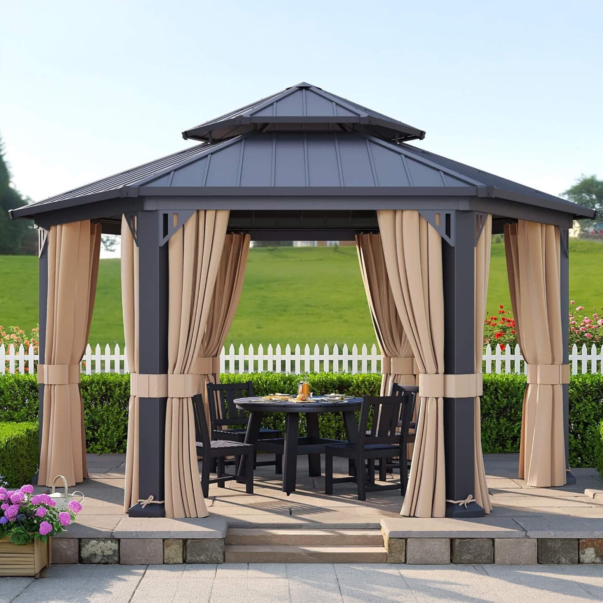 [13X15FT] Double-Tier Hexagonal Metal Hardtop Patio Gazebo With Curtains