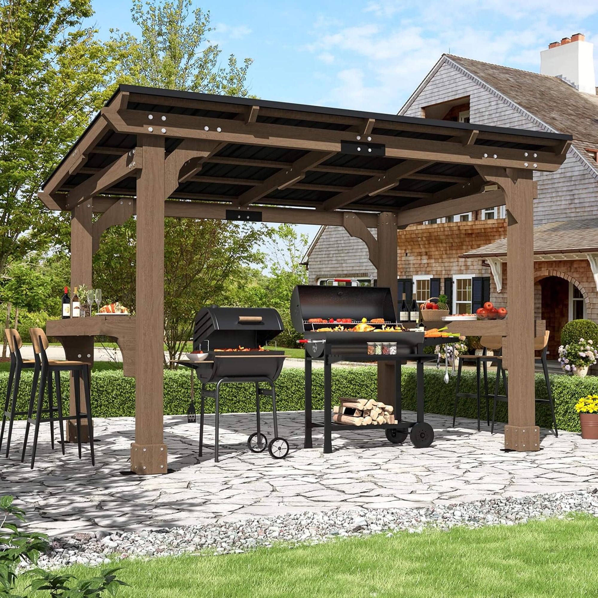 Heavy-Duty Premium Wooden Grill Gazebo With Sloped Metal Roof