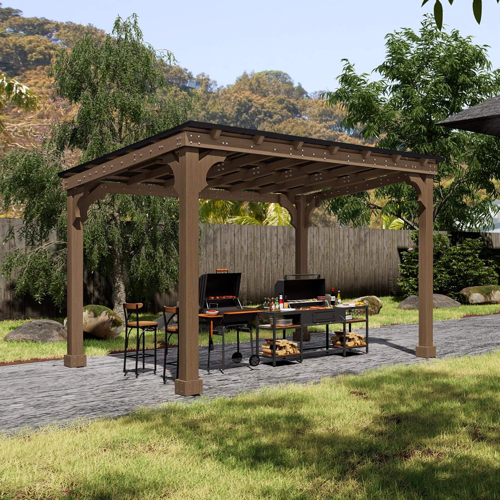 Heavy-Duty Premium Wooden Grill Gazebo With Sloped Metal Roof