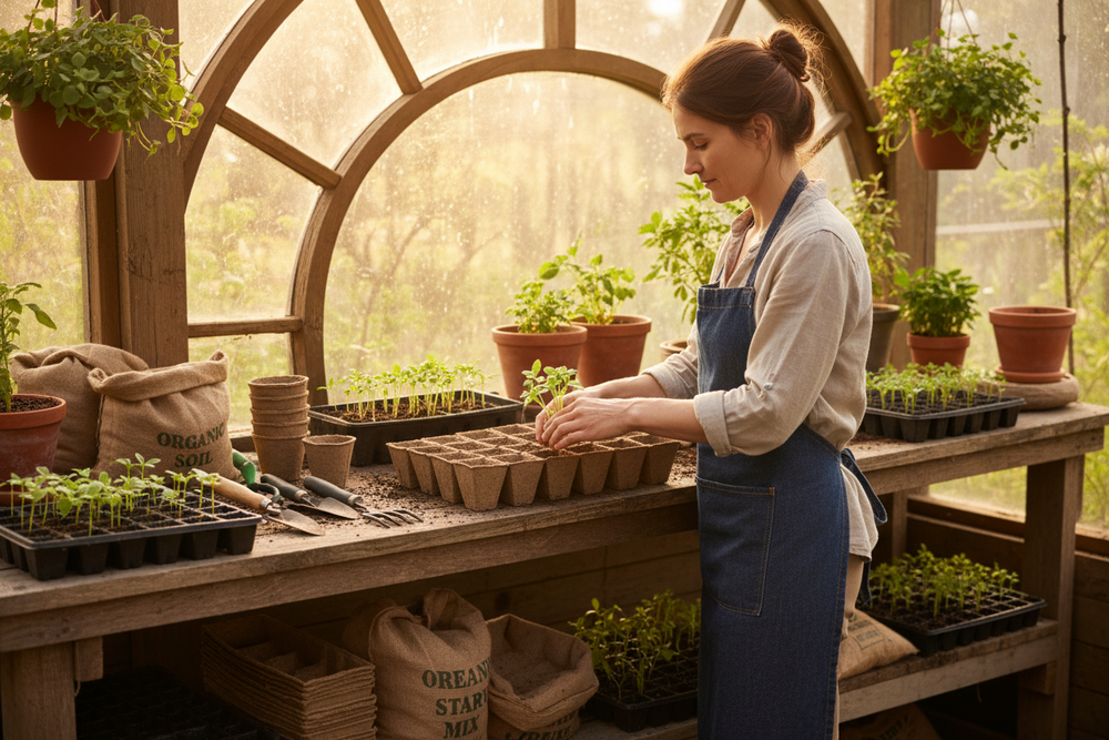 lady prepare seedling for spring