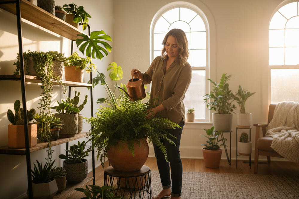 lady taking care of the house plants