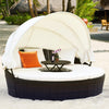Large Outdoor Patio Rattan Daybed Sofa W/ Adjustable Table Top, Canopy & 3 Pillows, 76"