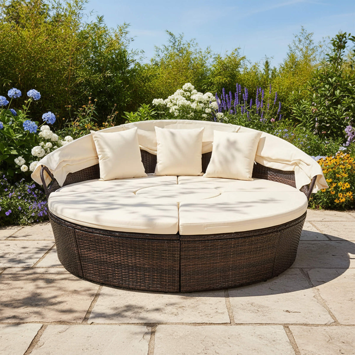 Large Outdoor Patio Rattan Daybed Sofa W/ Adjustable Table Top, Canopy & 3 Pillows, 76" – photo 4