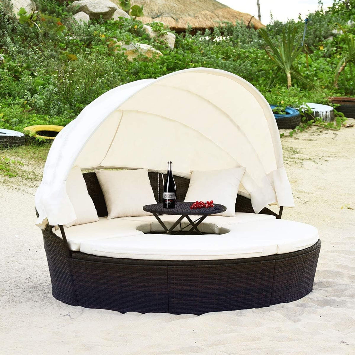 Large Outdoor Patio Rattan Daybed Sofa W/ Adjustable Table Top, Canopy & 3 Pillows, 76" – photo 2