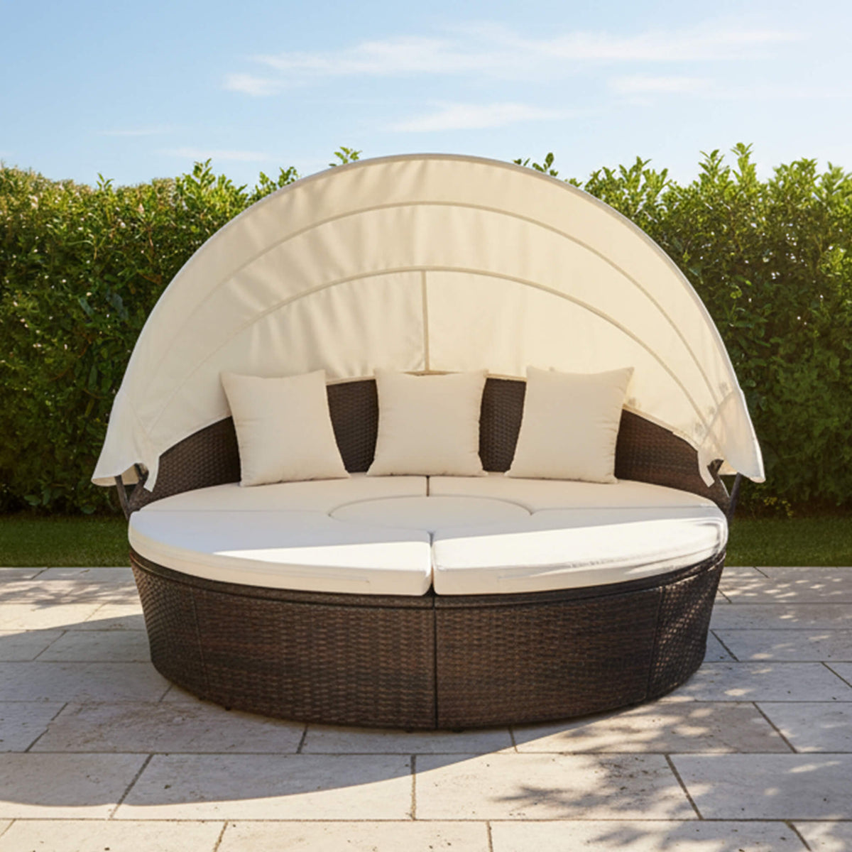 Large Outdoor Patio Rattan Daybed Sofa W/ Adjustable Table Top, Canopy & 3 Pillows, 76"