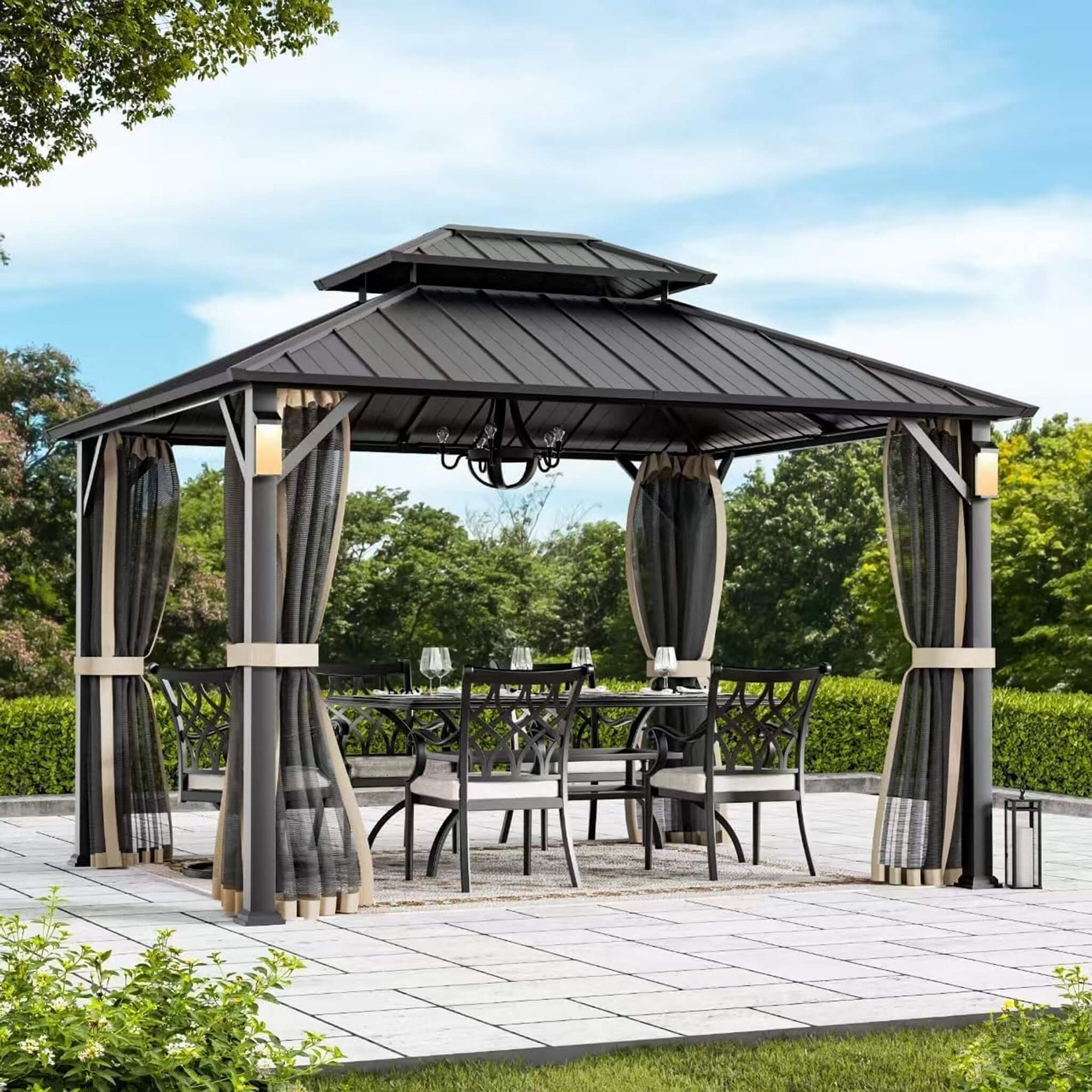 Luxury Double Roof Hardtop Aluminum Gazebo With Decor Hooks, Mosquito Nettings, And LED Lights