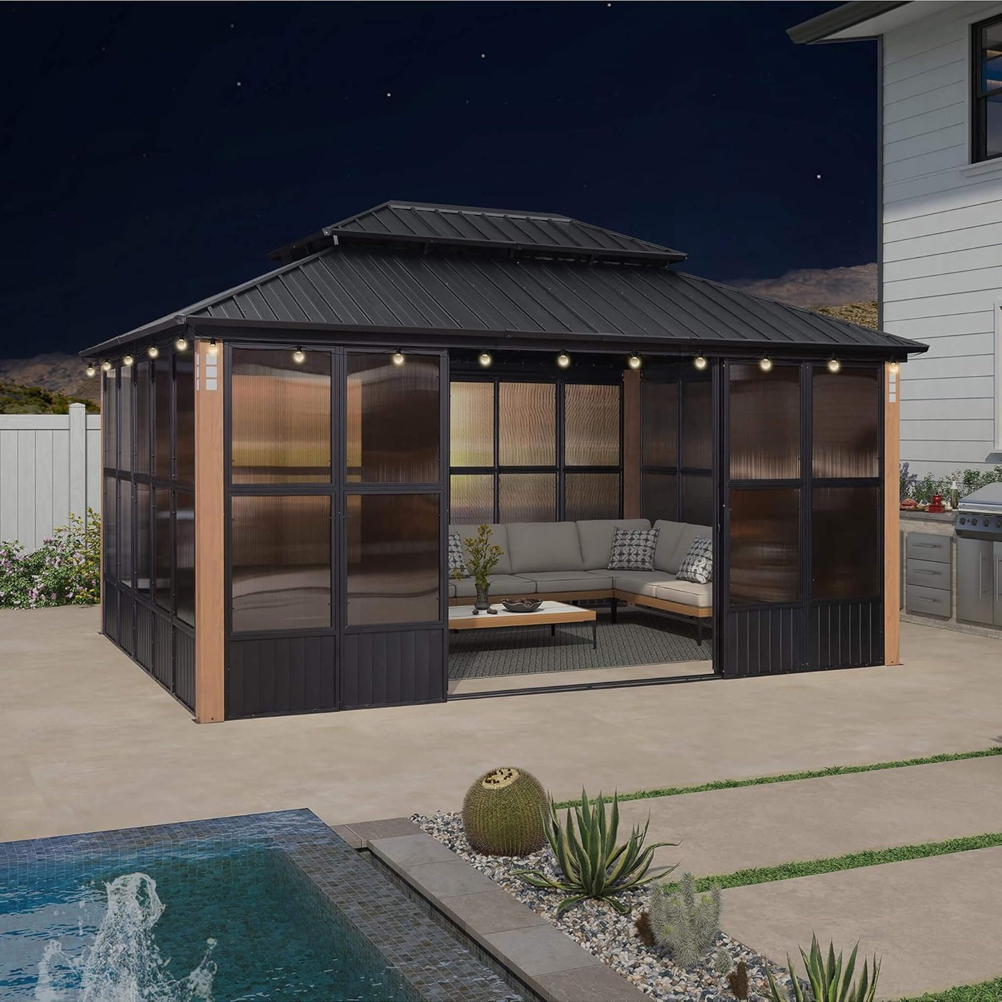 Luxury Heavy-Duty Hardtop Sunroom With Aluminum Frame And LED Lights