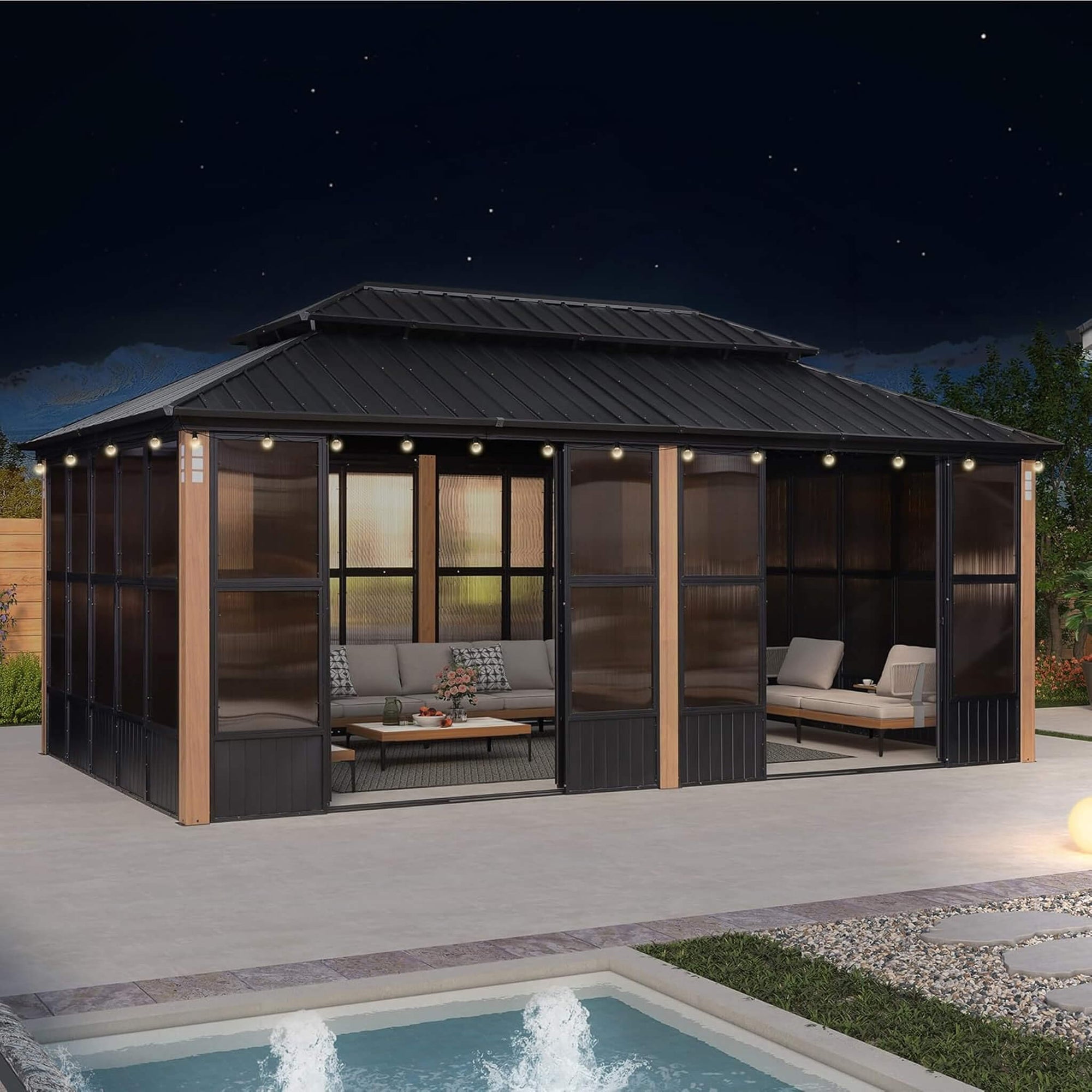 Luxury Heavy-Duty Hardtop Sunroom With Aluminum Frame And LED Lights