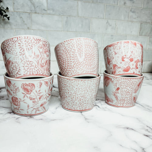 Mini Pink Hand-Painted Porcelain Cachepots Set Of 6 Decorative Planters